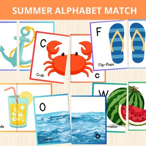 Alfabeto de verano, alfabeto de playa, ABC de verano, libro de actividades de verano, rompecabezas de alfabeto de playa, letras preescolares, reconocimiento de letras