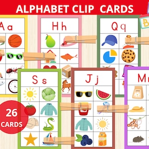 Schede con clip dell'alfabeto, schede dell'alfabeto montessori, attività stampabili di fonetica, abbinamento dell'alfabeto per la scuola materna, abbinamento delle lettere, suoni iniziali, kinder