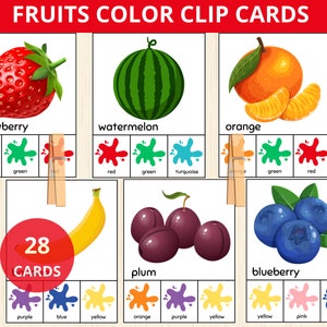 Jogo de classificação de cores, cartão de clipe de cores de frutas, atividade de correspondência de reconhecimento de cores, classificar por cor, habilidades motoras finas, jogo de correspondência de cores, cartão de frutas