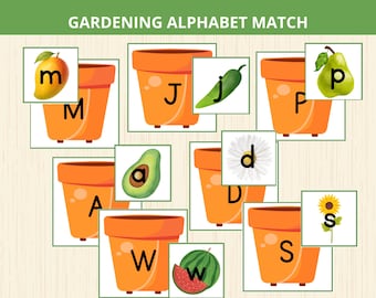 garden alphabet match,alphabet matching game,garden preschool activity,spring letter match,alphabet puzzle,ABC Match game,preschool phonics