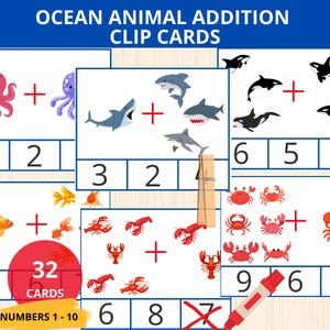 Cartes à clip sur les additions d'océan, fiche d'exercices sur les additions d'animaux marins, cartes à clip pour compter les additions, activité mathématique sur les animaux marins, reconnaissance du nombre d'animaux marins