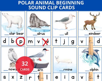 Polar animals beginning sounds,Arctic animals initial sound,phonic flashcards,Beginning Letter Sound,winter montessori preschool,sound match