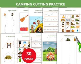 camping cutting practice,camping Cutting Strips,camping preschool activity,scissor skills,cutting worksheets,homeschool,camping unit study