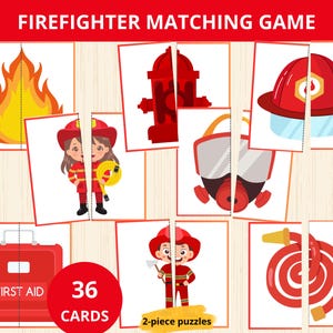 Könnte beinhalten: Ein Feuerwehr-Zuordnungsspiel mit 36 zweiteiligen Puzzlekarten. Die Karten zeigen Illustrationen von Feuerwehrausrüstung, darunter ein Hydrant, ein Helm und ein Erste-Hilfe-Kasten. Der Titel des Spiels wird oben angezeigt.