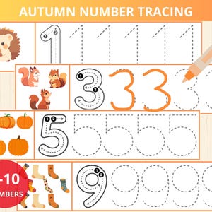 May include: A printable worksheet for kids to practice tracing numbers 1, 3, 5, and 9. The worksheet features autumn-themed illustrations of a hedgehog, squirrels, and pumpkins.