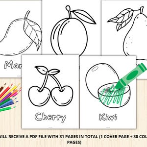 May include: A set of 31 printable colouring pages featuring fruits and vegetables. The pages include a mango, a cherry, a kiwi, and other fruits. The pages are black and white and ready to be coloured.