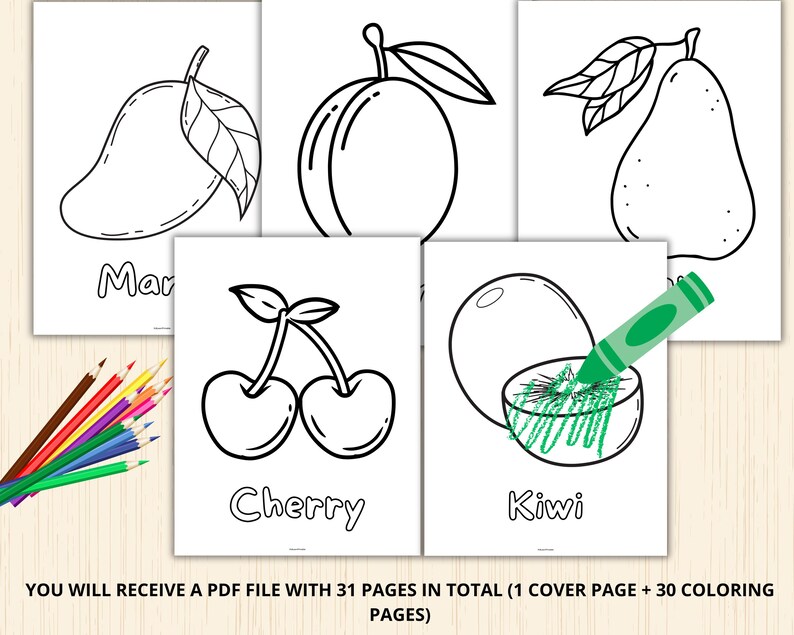 May include: A set of 31 printable colouring pages featuring fruits and vegetables. The pages include a mango, a cherry, a kiwi, and other fruits. The pages are black and white and ready to be coloured.