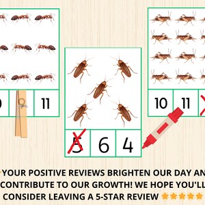 Puede incluir: Tarjetas did&aacute;cticas con ilustraciones de insectos y n&uacute;meros. Las tarjetas presentan hormigas, cucarachas y grillos, con los n&uacute;meros 10, 11 y 12. Tambi&eacute;n hay un rotulador rojo y una pinza de madera. El texto dice: "&iexcl;TUS RESE&Ntilde;AS POSITIVAS ILUMINAN NUESTRO D&Iacute;A Y CONTRIBUYEN A NUESTRO CRECIMIENTO! ESPERAMOS QUE CONSIDERES DEJAR UNA RESE&Ntilde;A DE 5 ESTRELLAS."