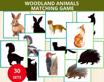 May include: A set of 30 woodland animal matching game cards. The cards feature colorful illustrations of animals like a rabbit, fox, skunk, and porcupine, along with their corresponding silhouettes.