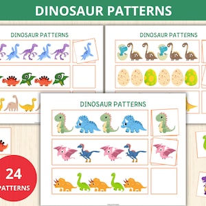 Könnte beinhalten: Ein druckbares Arbeitsblatt mit 24 Dinosauriermustern für Kinder. Das Arbeitsblatt zeigt bunte Dinosaurier in verschiedenen Posen und Mustern. Der Text "Dinosaur Patterns" erscheint oben auf der Seite.