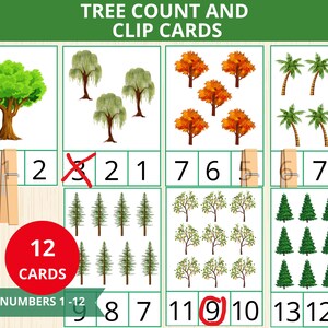 Cartões de contagem e clipe de árvores, cartões de contagem de primavera, atividade matemática de árvores, cartões Montessori de natureza de árvores, contagem de árvores, jardim de infância pré-escolar em casa