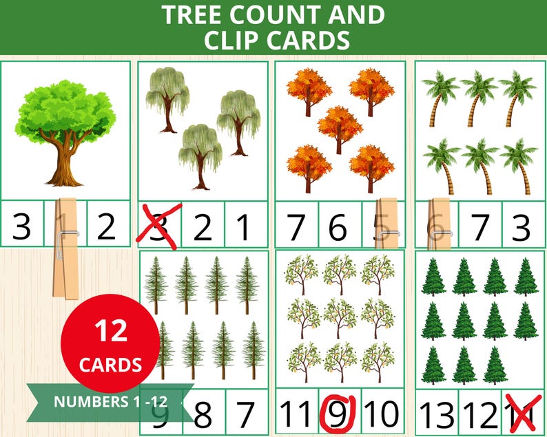 Tree Count and Clip Cards,spring Counting Cards,tree Math Activity,tree ...