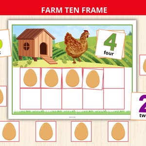 May include: A farm-themed educational ten frame with a hen, a coop, and eggs. The numbers 6, 4, and 2 are displayed on cards, along with the words "six," "four," and "two." The ten frame has spaces for eggs.