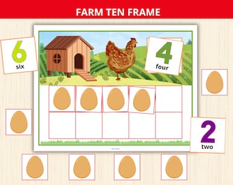 Puede incluir: Un marco de diez educativo con temática de granja con una gallina, un gallinero y huevos. Los números 6, 4 y 2 se muestran en tarjetas, junto con las palabras "seis", "cuatro" y "dos". El marco de diez tiene espacios para huevos.