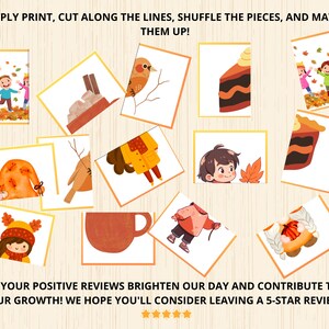 May include: A printable set of 12 autumn-themed matching cards. The cards feature illustrations of a bird, a slice of cake, a cup of coffee, a girl with a scarf, a jacket, a pile of leaves, a tree branch, and a girl with a leaf. The cards are designed to be cut out and used for a matching game.