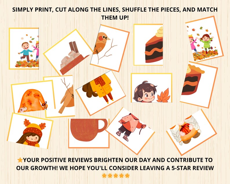 May include: A printable set of 12 autumn-themed matching cards. The cards feature illustrations of a bird, a slice of cake, a cup of coffee, a girl with a scarf, a jacket, a pile of leaves, a tree branch, and a girl with a leaf. The cards are designed to be cut out and used for a matching game.
