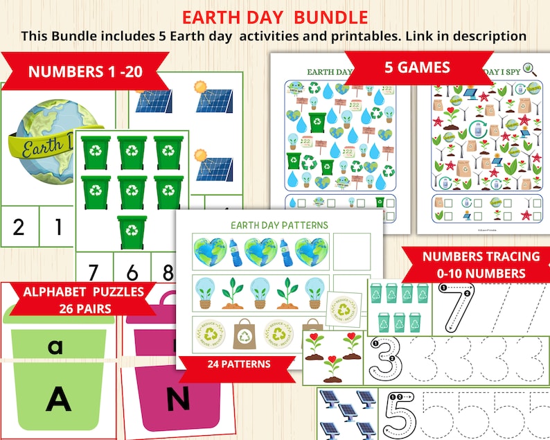 May include: A printable Earth Day activity bundle for kids featuring 5 games, alphabet puzzles, number tracing, and number matching activities. The activities include images of recycling bins, solar panels, light bulbs, and plants.