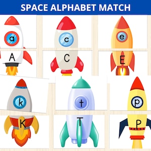 Alfabeto espacial, rompecabezas del alfabeto, reconocimiento de letras, alfabeto espacial preescolar, juego de combinación abc, combinación de letras, espacio exterior montessori