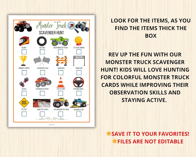 Rev up the fun with our Monster Truck Scavenger Hunt! Kids will love hunting for colorful monster truck cards while improving their observation skills and staying active.