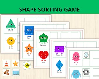 May include: A printable shape sorting game for kids. The game features colorful cartoon shapes with faces, including a triangle, square, circle, star, pentagon, heart, rectangle, rhombus, oval, hexagon, and a nut. The game includes multiple cards with blank spaces for sorting the shapes.
