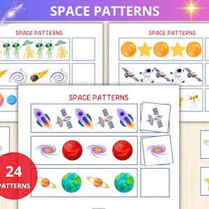 Rymdmönster, rymden Montessori, mönsterarbetsblad, hemundervisning, yttre rymden aktivitet för barn, vad kommer härnäst, sekvensspel, rymdföreställning