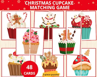 May include: A Christmas-themed matching game featuring illustrated cupcakes. The game includes 48 cards with 2-piece puzzles. The cupcakes are decorated with festive elements like gingerbread men, candy canes, and holiday ornaments. The game's title is displayed at the top.