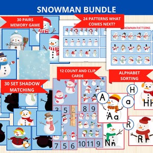 May include: A collection of educational snowman-themed games. Includes a memory game, pattern recognition, shadow matching, counting, and alphabet sorting activities. The text "SNOWMAN BUNDLE" is at the top.