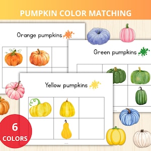 Puede incluir: Un juego educativo colorido para emparejar los colores de las calabazas. La imagen muestra tarjetas con calabazas naranjas, verdes y amarillas, además de un círculo rojo con el número 6 y la palabra "COLORS". El texto "PUMPKIN COLOR MATCHING" está en la parte superior.