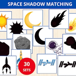 宇宙シャドウマッチングカード、宇宙マッチングアクティビティ、宇宙モンテッソーリ、宇宙ユニットスタディ、宇宙マッチングゲーム、システムソーラー幼稚園児