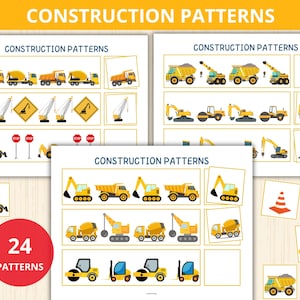 May include: A set of educational construction pattern cards. The cards feature illustrations of construction vehicles like dump trucks, excavators, and cranes. The text "CONSTRUCTION PATTERNS" is displayed at the top of each card. A red circle with the text "24 PATTERNS" is also visible.