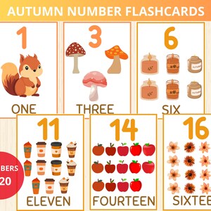 May include: A set of 10 colorful flashcards featuring autumn-themed illustrations and numbers 1 through 16. The numbers are written in orange and the words "one", "three", "six", "eleven", "fourteen", and "sixteen" are written in black. The illustrations include a squirrel, mushrooms, candles, coffee cups, and apples.