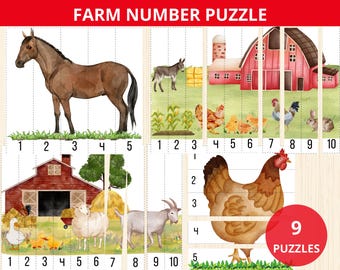 May include: A farm-themed number puzzle with nine pieces. The puzzle features a brown horse, a red barn, a brown chicken, a white goat, a brown donkey, a group of brown chickens, a brown rabbit, and green grass.