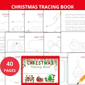 Könnte beinhalten: Ein Weihnachts-Malbuch mit 40 Seiten. Das Cover zeigt den Titel "Christmas Tracing Book" in einem roten Rahmen, zusammen mit Illustrationen von Kindern, einem Schlitten und einem Weihnachtsbaum. Im Inneren bieten die Seiten Malübungen für Buchstaben, Formen und festliche Bilder.