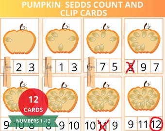 May include: A set of 12 pumpkin clip cards with numbers 1-12. Each card features a pumpkin with a different number of seeds inside. The cards are designed for counting and matching activities.