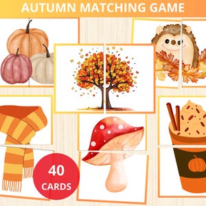 May include: A set of 40 autumn-themed matching game cards. The cards feature illustrations of pumpkins, a hedgehog, a fall tree, a mushroom, and a cup of coffee with whipped cream.