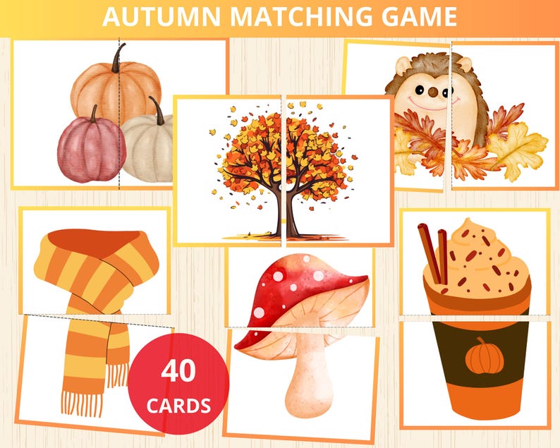 Fall Matching Activity,fall Montessori,autumn Homeschool,Pumpkins,symmetry puzzle,2 piece puzzle,fall peschool,Kids Matching Activities,prek