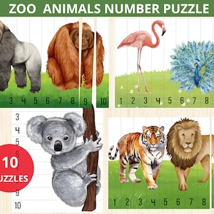 dierentuin Dierennummerreeks 1-10 puzzels, dierentuindier Montessori, voorschoolse puzzel, dierenpuzzelspel, tellen van 1-10, safaridieren, jungledier