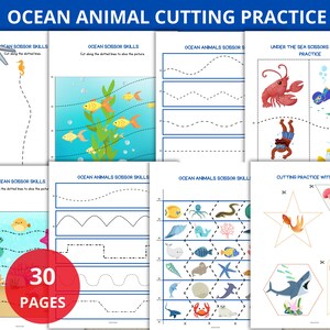 Tiras para cortar animales del océano, hojas de trabajo para practicar corte, Montessori de animales marinos, habilidades con tijeras para preescolar, corte bajo el mar, corte de líneas