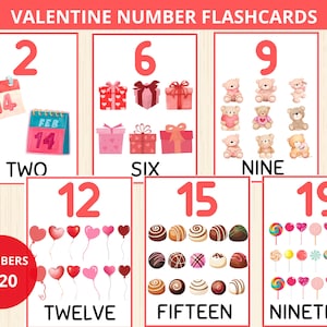 Tarjetas didácticas de números de San Valentín, tarjetas de números de San Valentín, tarjetas de conteo, números para preescolar, San Valentín preescolar, números del 1 al 20, libro de actividades de San Valentín
