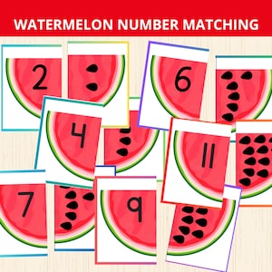 Könnte beinhalten: Wassermelonen-Zahlen-Zuordnungsspiel mit roten Wassermelonenscheiben und schwarzen Samen. Das Spiel zeigt die Zahlen 2, 4, 6, 7, 9 und 11 mit entsprechenden Samenanzahlen. Der Titel "Watermelon Number Matching" ist rot dargestellt.