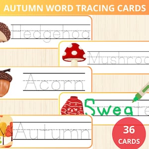 May include: A set of 36 tracing cards featuring autumn-themed words like "Hedgehog", "Mushroom", "Acorn", "Sweater", and "Autumn". Each card has a colorful illustration and dotted lines for tracing the letters.