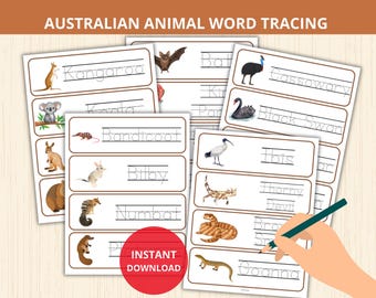 australian animal word tracing,Australian Animals Tracing Strip,handwriting practice,preschool tracing,animal worksheet,animal tracing pages