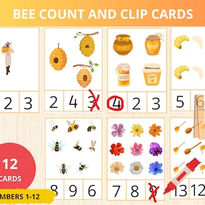 Cartões de contagem e clipe de abelhas, flashcards de abelhas, pré-escola de abelhas, imprimível de matemática de insetos, atividade de primavera Montessori, contagem de insetos, números de 1 a 10 pré-escola