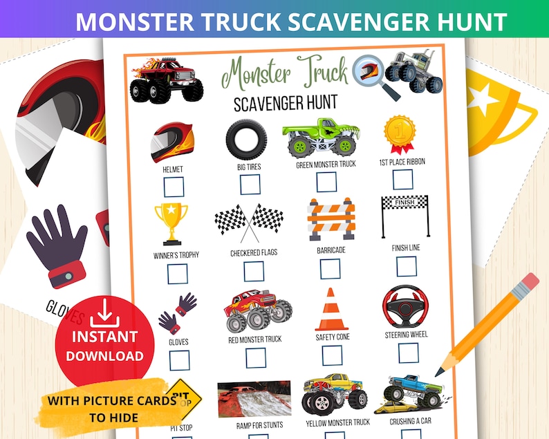 Monster Truck Scavenger Hunt,monster truck treasure hunt,monster truck Game for Kids,Indoor games,monster truck party,monster jam activity