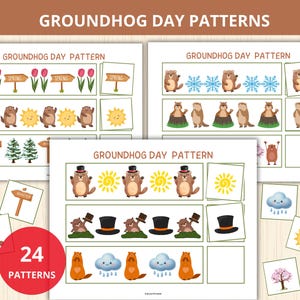 May include: Educational Groundhog Day patterns featuring groundhogs, suns, clouds, and seasonal elements. The image includes the text "GROUNDHOG DAY PATTERNS" and "24 PATTERNS". The patterns include tulips, snowflakes, and trees. The image is designed for educational purposes.