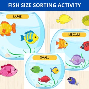 Fish Size Sorting Game,ocean activity,preschool sorting game,fish montessori kids,summer size recognition,early math skills,fish unit study