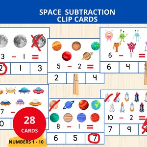 Op de afbeelding: Educatieve aftrekkaarten met ruimtethema. De kaarten bevatten illustraties van planeten, aliens, raketten en manen. De set bevat 28 kaarten met de getallen 1-10. De kaarten zijn ontworpen om kinderen te helpen aftrekken.