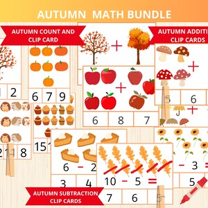 fall math worksheet bundle,autumn math worksheets,Autumn Preschool Packet,Fall addition and subtraction clip card,fall math activity,prek