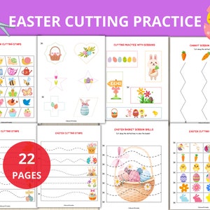 May include: A set of 22 printable Easter-themed cutting practice worksheets for kids. The worksheets feature various Easter-themed images, such as eggs, bunnies, carrots, and baskets, that children can cut out using scissors. The worksheets are designed to help children develop their fine motor skills and hand-eye coordination.
