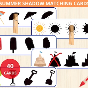 Giochi di abbinamento con le ombre estive, attività di abbinamento estive, unità di studio estiva, scuola materna estiva, carte estive, gioco di silhouette, partita con le ombre, prek